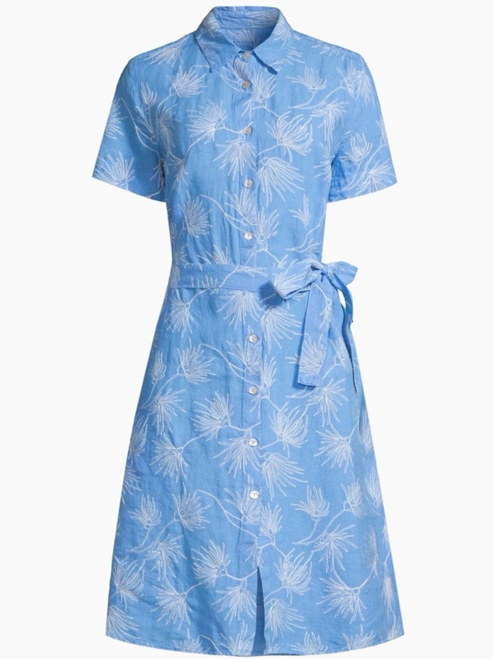 Italian Embroidered Blue Floral Button-Front Midi Dress with Tie Waist